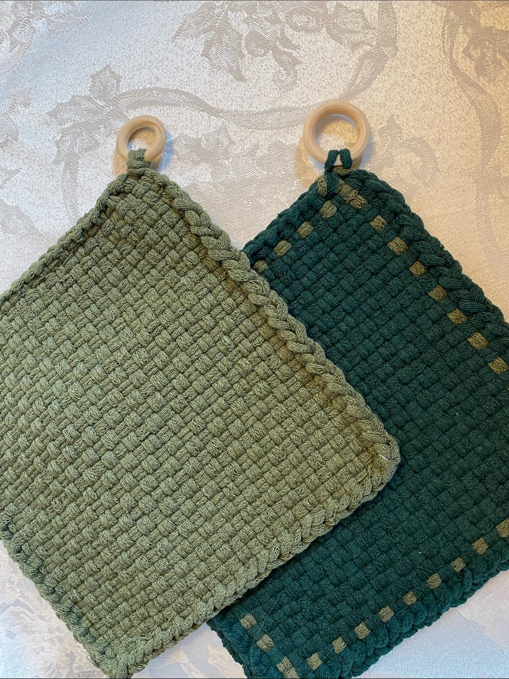Made by hand.  Cotton Pot Holders - Green & Light Green